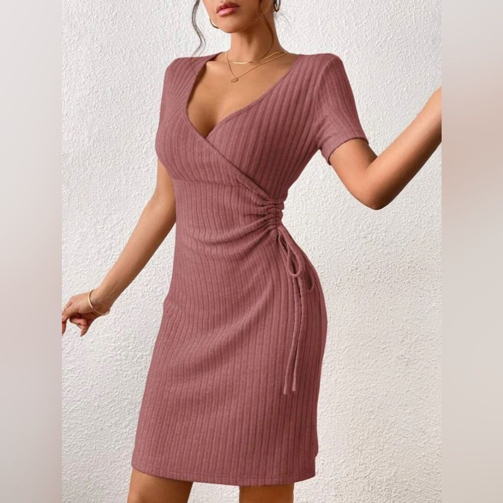 SHEIN Rose Wrapped Ribbed Dress